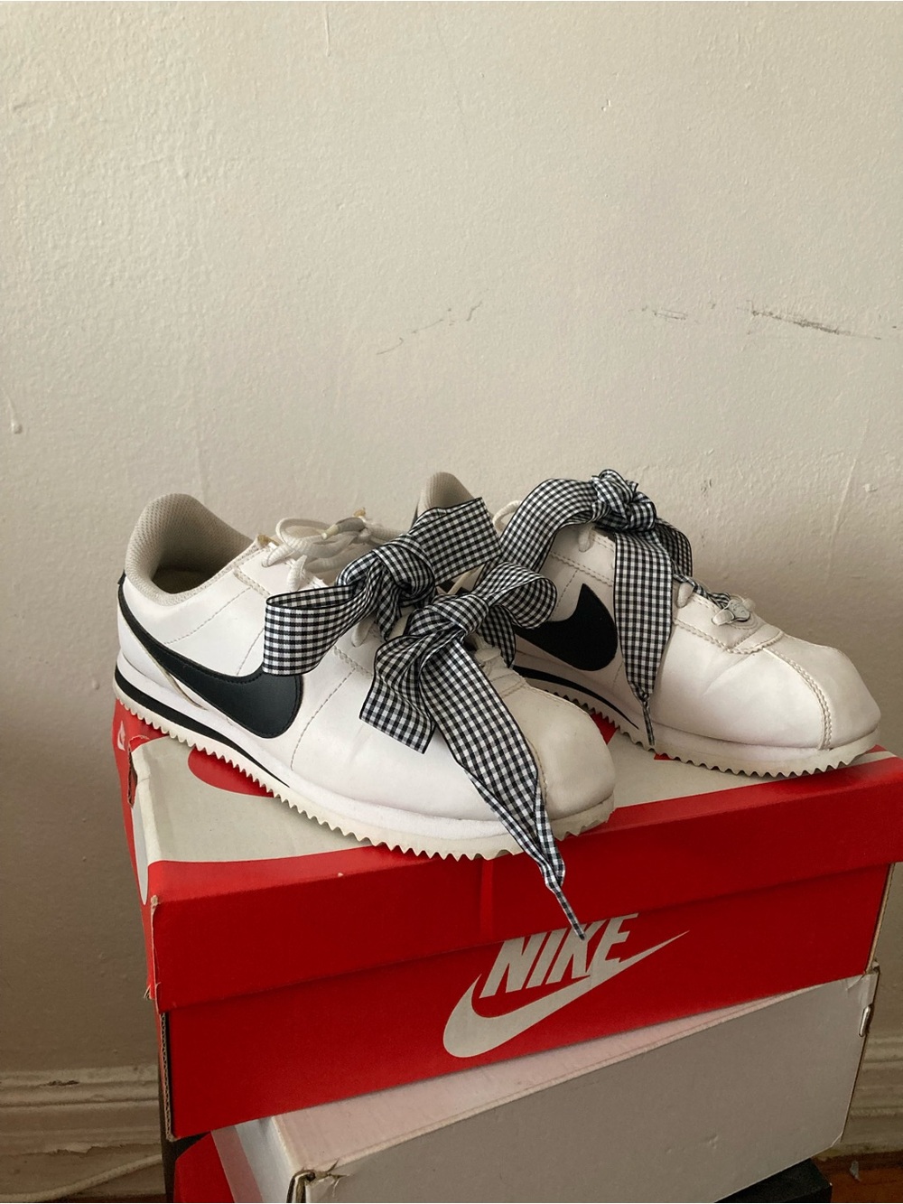 Nike White & Black Cortez Sneakers with Gingham Ribbon Laces